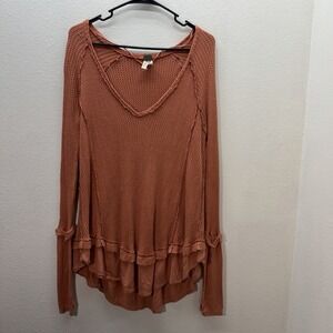 We the Free People Laguna Thermal Waffle Knit Top Shirt XS Orange Oversized Boho